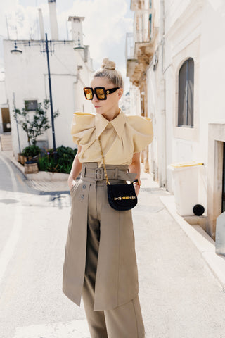 Wide Leg Trousers With Skirt Overlay Beige