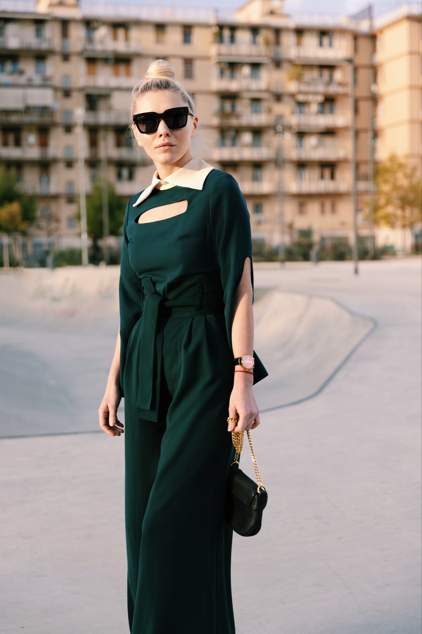 Fitted Dark Emerald Blouse With Cutouts