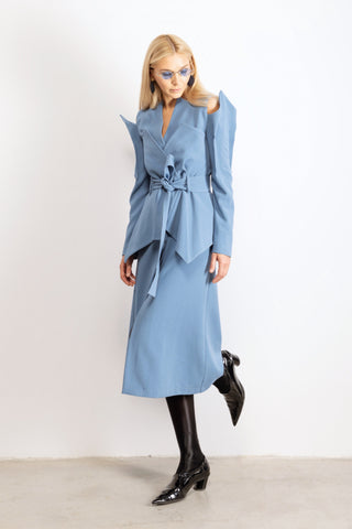 Fashion Long Button-Up Dress With Belt Light Blue