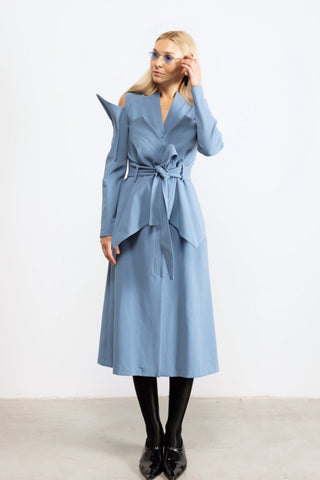 Fashion Long Button-Up Dress With Belt Light Blue