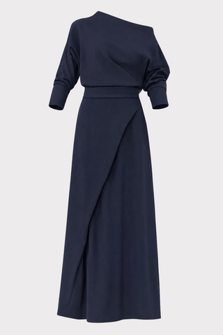 Draped Boat-Neck Blouse & Wrap Midi Skirt Set – Navy