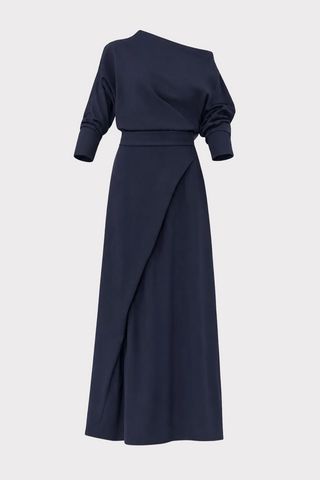 Draped Boat-Neck Blouse & Wrap Midi Skirt Set – Navy