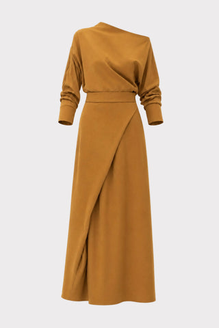 Draped Boat-Neck Blouse & Wrap Midi Skirt Set – Mustard