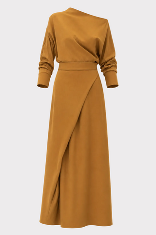 Draped Boat-Neck Blouse & Wrap Midi Skirt Set – Mustard