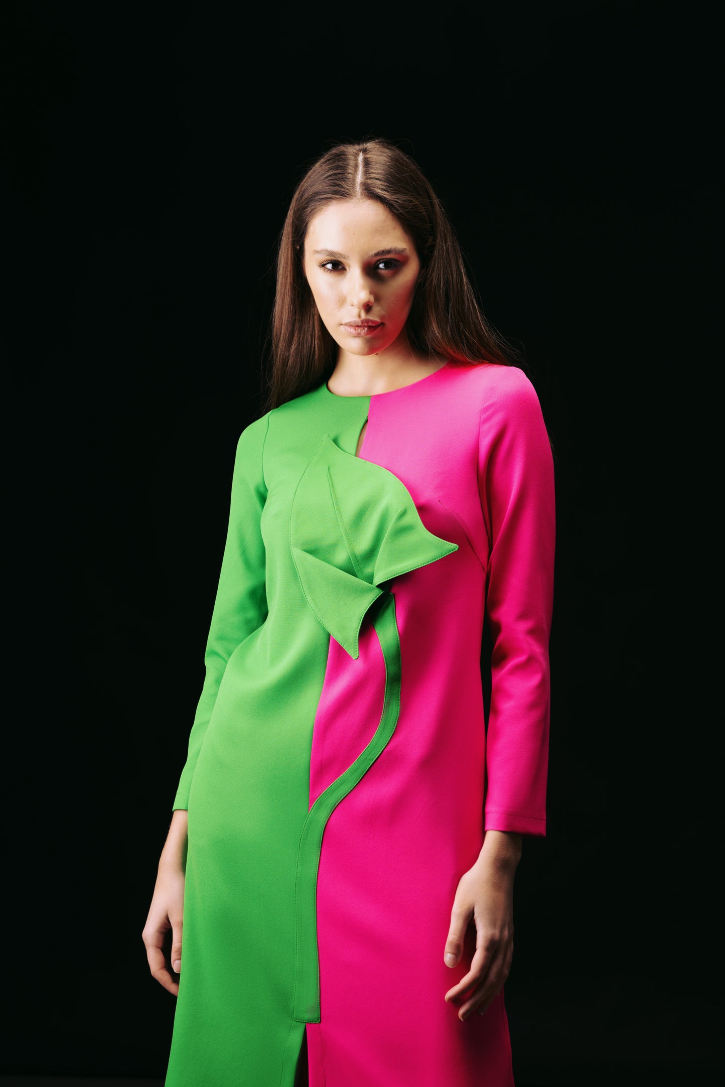 Green & Pink Calla Flower Midi Dress