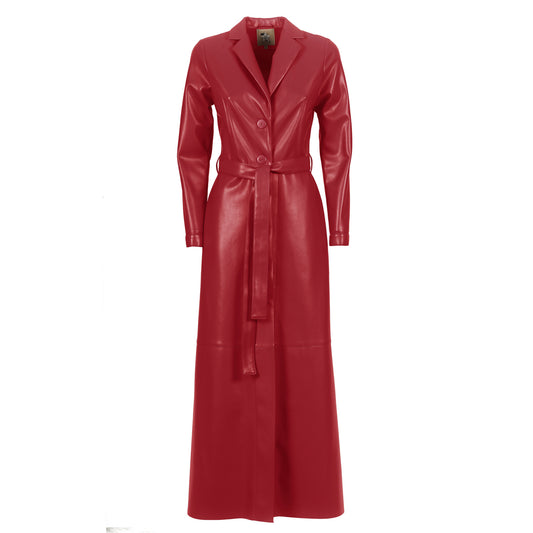 Red Long Button-Up Eco-Leather Trench