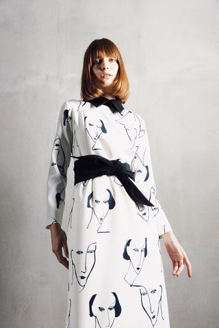 White Designer Fitted Dress With Faces Print