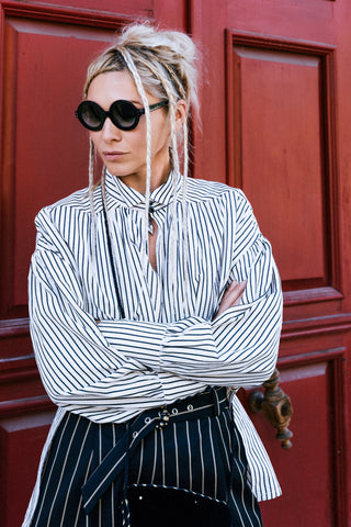 High-Waisted Wide-Leg Pinstripe Palazzo Trousers – Black