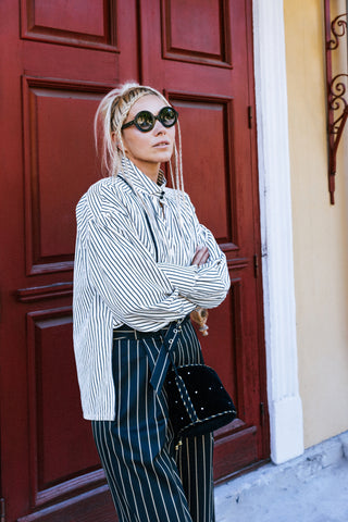 High-Waisted Wide-Leg Pinstripe Palazzo Trousers – Black