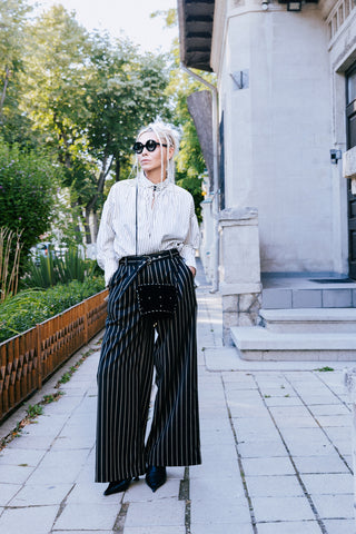 High-Waisted Wide-Leg Pinstripe Palazzo Trousers – Black