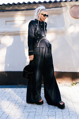 Velvet-Textured Jacket & Trouser Suit – Navy