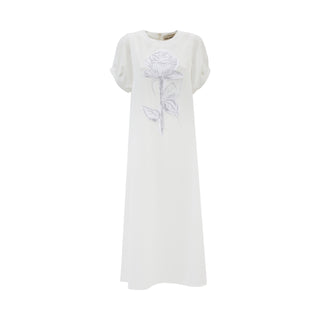 Embroidered Viscose Midi Dress Ecru