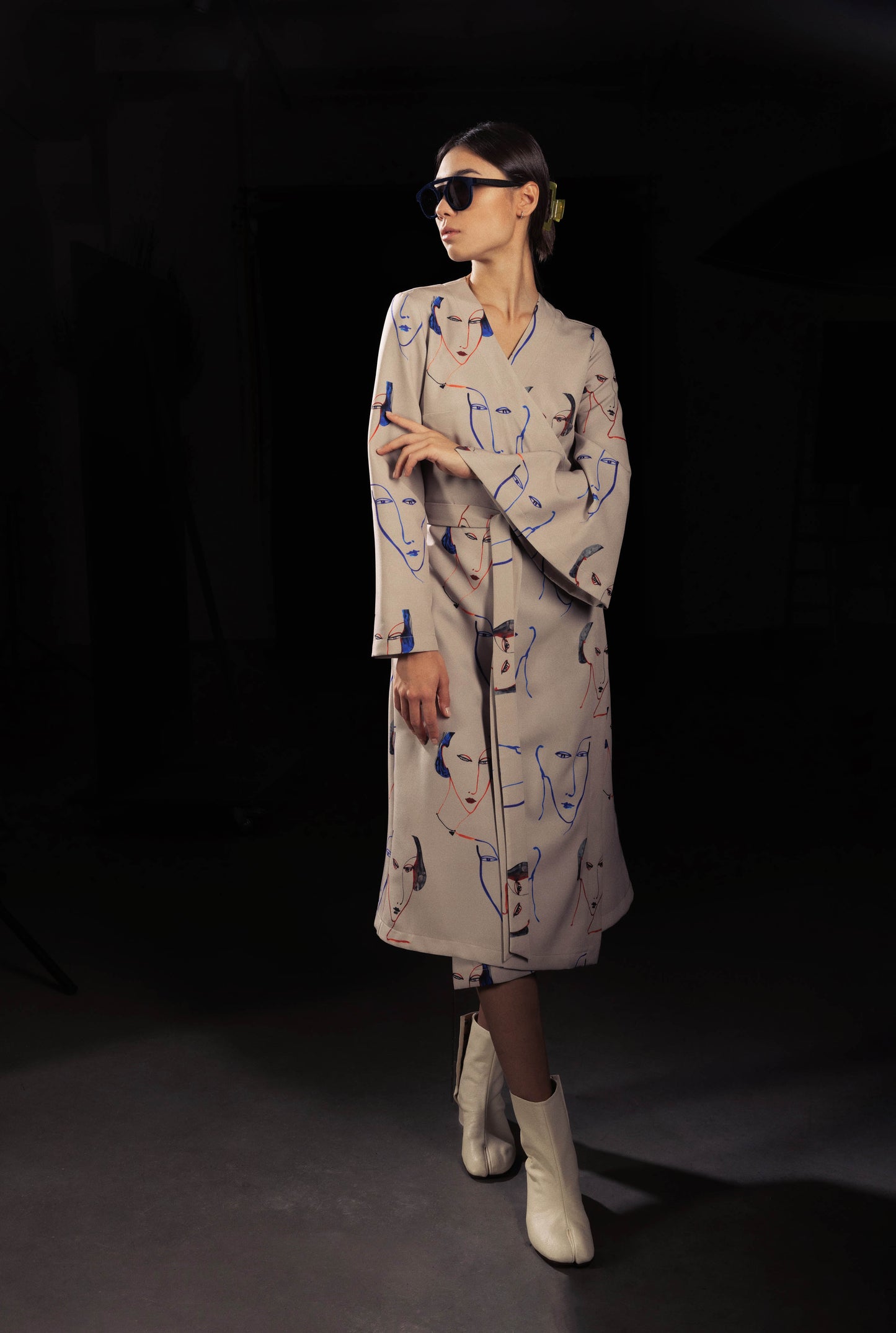 Fashion Asymmetrical Beige Dress With Faces Print