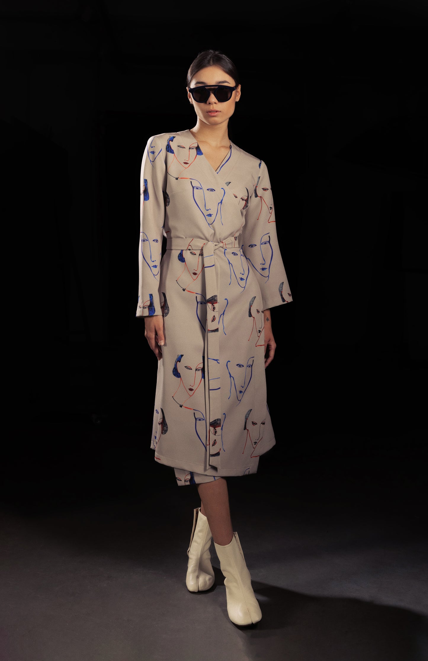 Fashion Asymmetrical Beige Dress With Faces Print