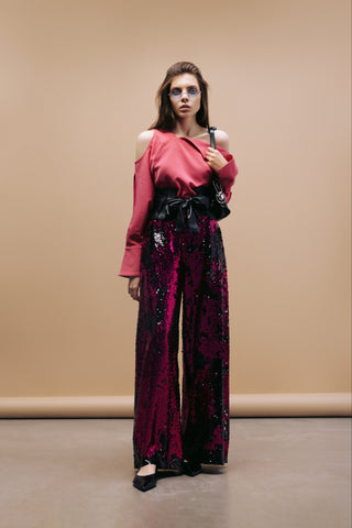 Palazzo Trousers With Double-Sided Sequins Black Pink