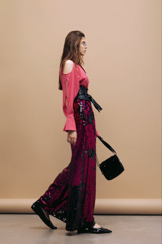 Palazzo Trousers With Double-Sided Sequins Black Pink