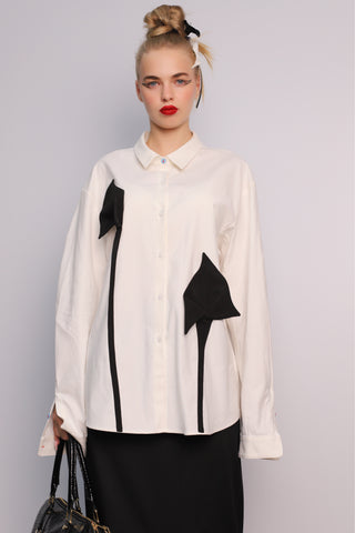 Long Sleeve Button-Up Shirt With Handmade Details White