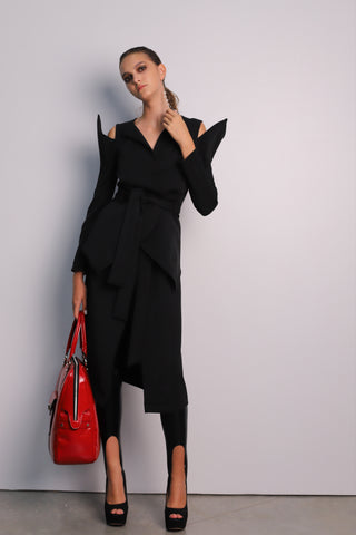 Fashion Long Button-Up Dress With Belt Black