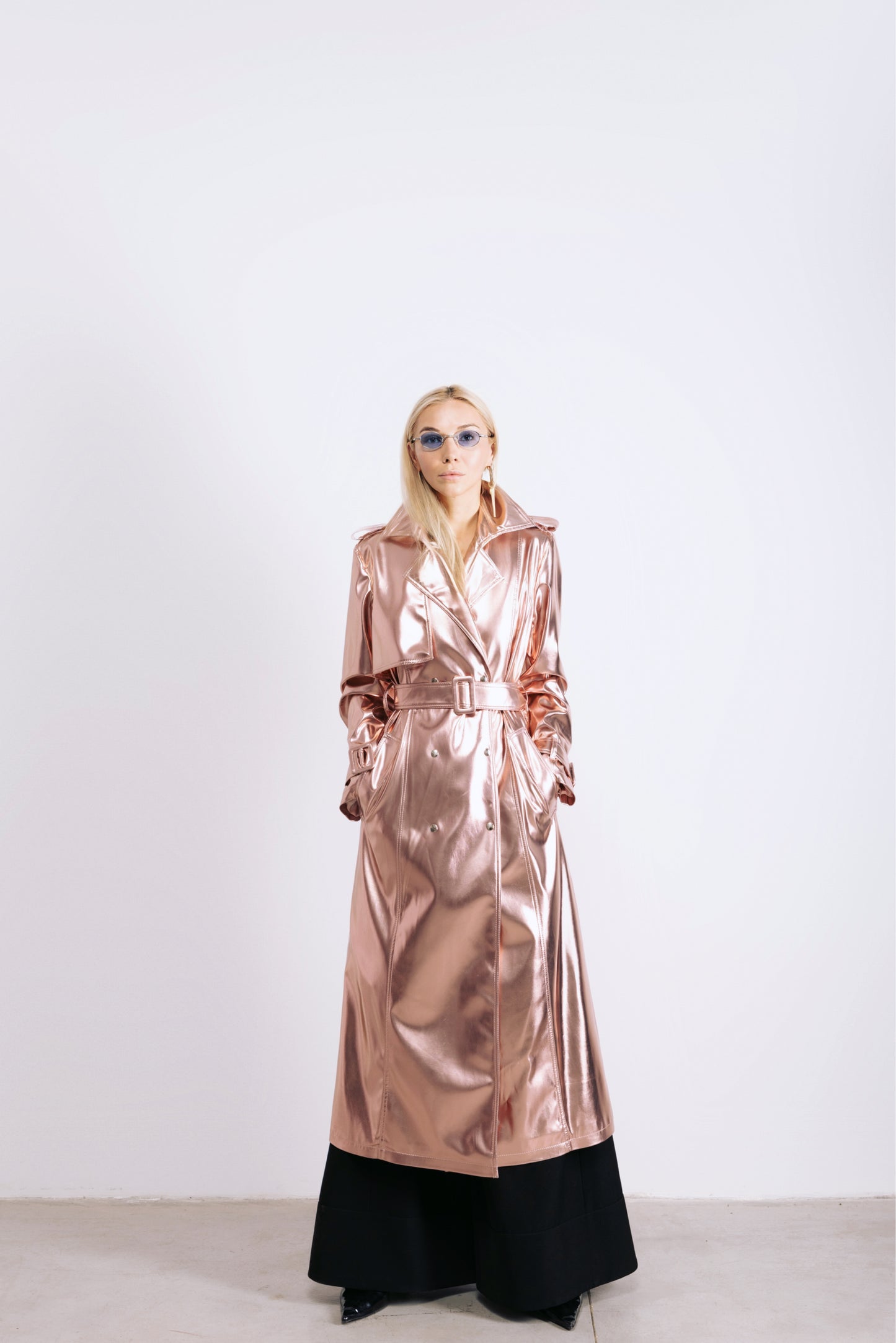 Faux Leather Midi Wrap Trench Rose Gold