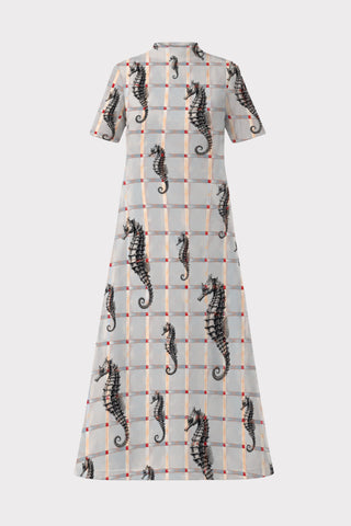Pale Blue Seahorse Grid Print Fluid A-Line Dress – Capsule Edition