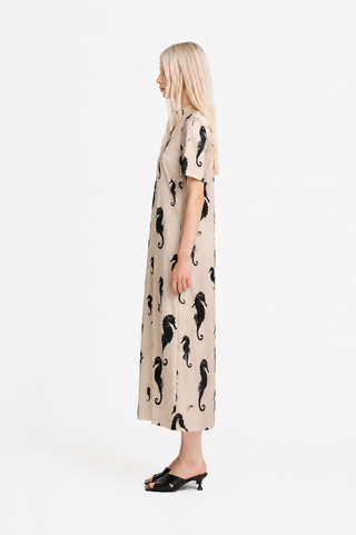 Light Beige Seahorse Print A-Line Midi Dress - Capsule Edition