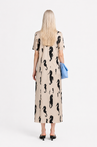 Light Beige Seahorse Print A-Line Midi Dress - Capsule Edition