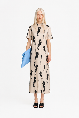 Ivory Seahorse Print A-Line Midi Dress - Capsule Edition