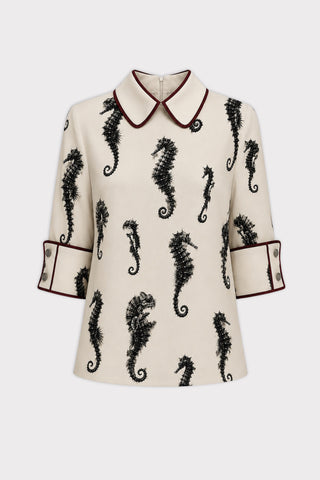 Ivory Seahorse Print Blouse With Cuffs – Capsule Edition