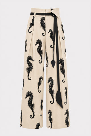 Ivory Seahorse Print Wide Leg Trousers With Belt – Capsule Edition