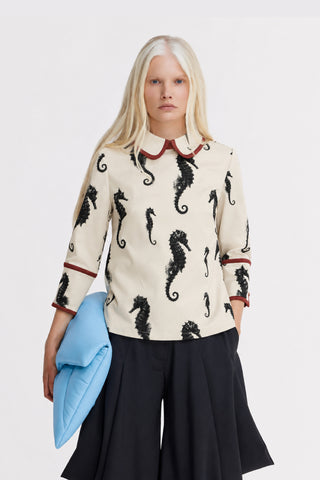 Light Beige Seahorse Print Blouse With Cuffs – Capsule Edition