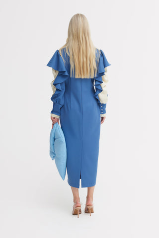 Light Blue Occasion Midi Dress With Ruffled Sleeves