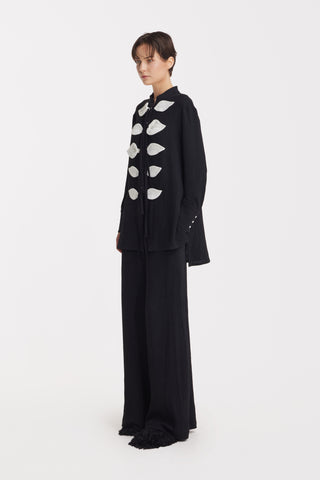 Lightweight Crinkled Blouse & Wide-Leg Pants Co-Ord Set – Black