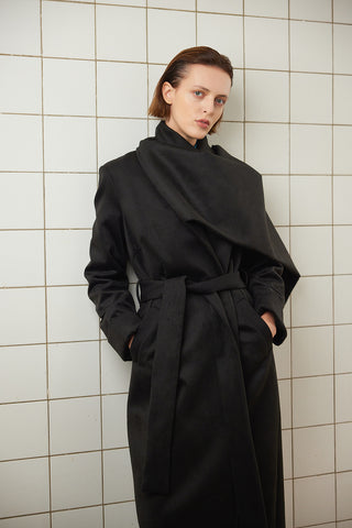 Long Wrap Coat With Drape Collar Black