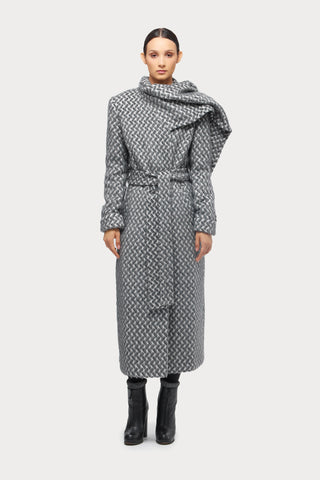 Long Wrap Coat With Drape Collar Textured Pattern