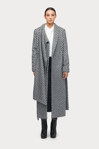 Long Wrap Coat With Drape Collar Textured Pattern