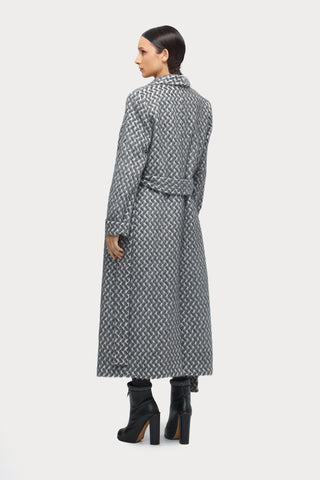 Long Wrap Coat With Drape Collar Textured Pattern