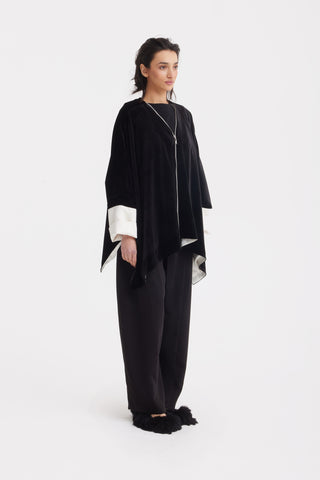Loose Velvet Cape Jacket With Zip Front - Black
