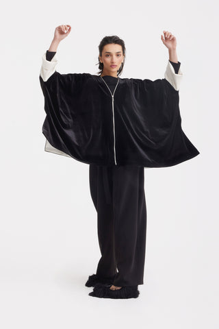 Loose Velvet Cape Jacket With Zip Front - Black