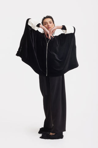 Loose Velvet Cape Jacket With Zip Front - Black