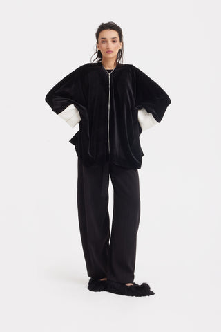 Loose Velvet Cape Jacket With Zip Front - Black