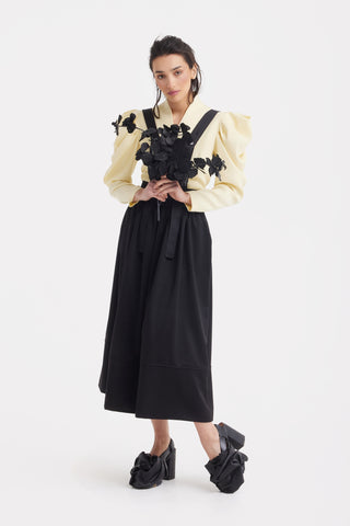 Sculpted V-Neck Blouse with Dramatic Sleeves - Pale Yellow