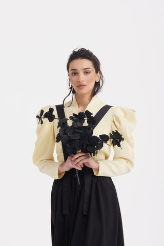 Sculpted V-Neck Blouse with Dramatic Sleeves - Pale Yellow