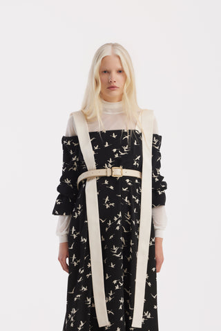 Off-Shoulder Midi Dress With Contrast Straps – Black Print Birds
