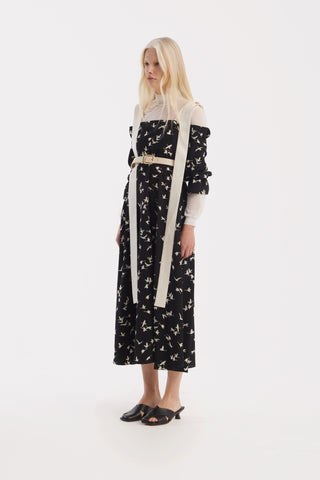 Off-Shoulder Midi Dress With Contrast Straps – Black Print Birds