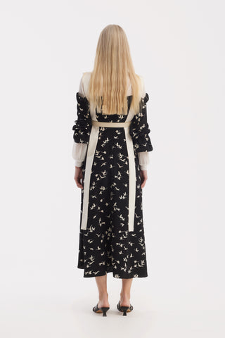 Off-Shoulder Midi Dress With Contrast Straps – Black Print Birds