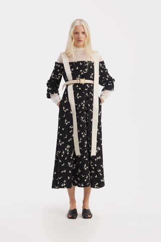 Off-Shoulder Midi Dress With Contrast Straps – Black Print Birds