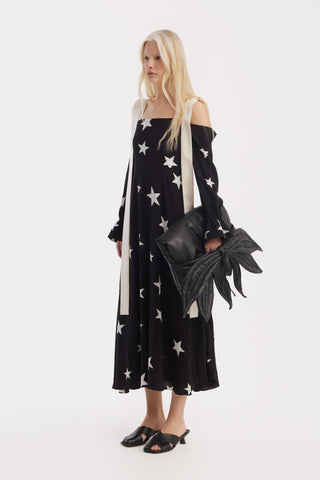 Off-Shoulder Midi Dress With Contrast Straps – Black Print Stars
