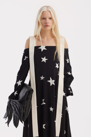 Off-Shoulder Midi Dress With Contrast Straps – Black Print Stars