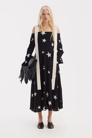 Off-Shoulder Midi Dress With Contrast Straps – Black Print Stars