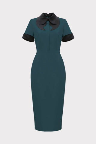 Polished Fitted Midi Short Sleeve Dress - Green S Polished Fitted Midi Short Sleeve Dress - Green S